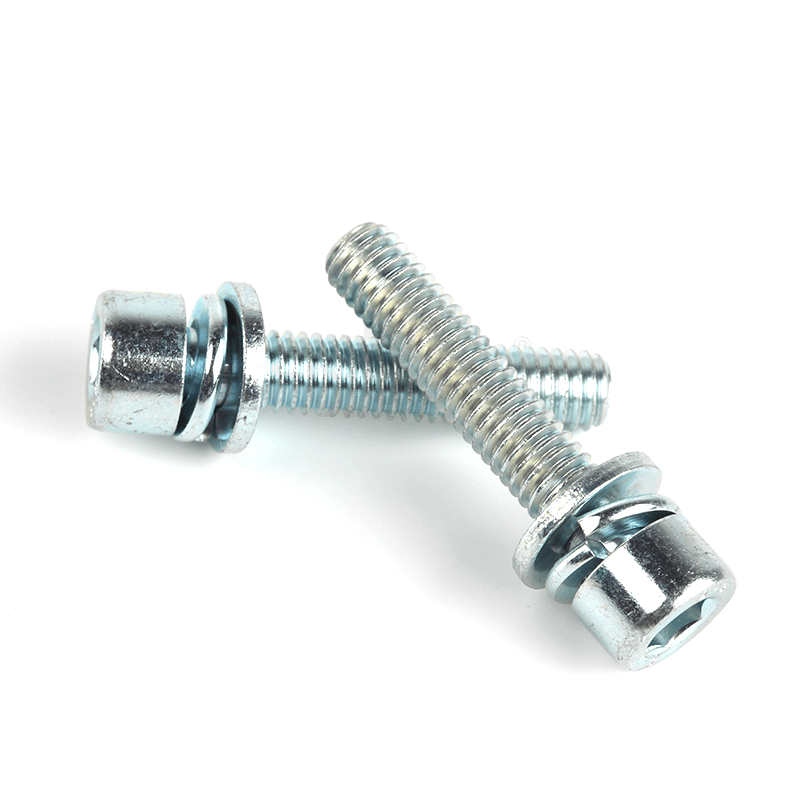 碳钢8.8级蓝白锌内六角圆柱头带平弹垫组合螺钉(无滚花)DIN912平弹垫三组合